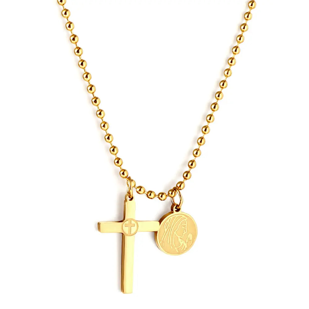 Stainless Steel Cross + Round Accessories With Beauty Pattern + Bead Chain Necklace asonjewelry